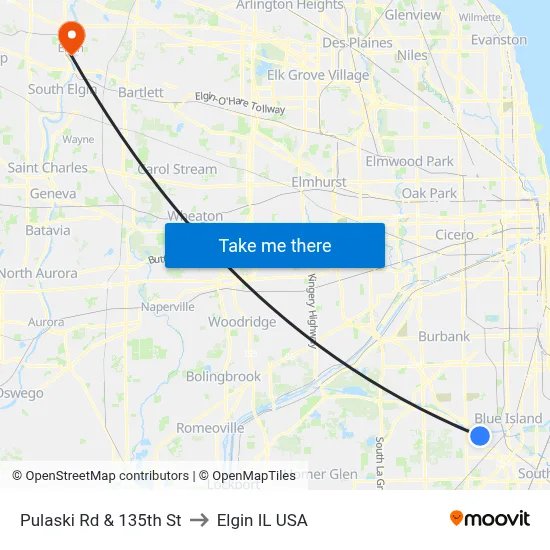 Pulaski Rd & 135th St to Elgin IL USA map