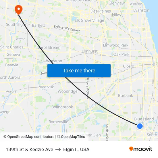 139th St & Kedzie Ave to Elgin IL USA map