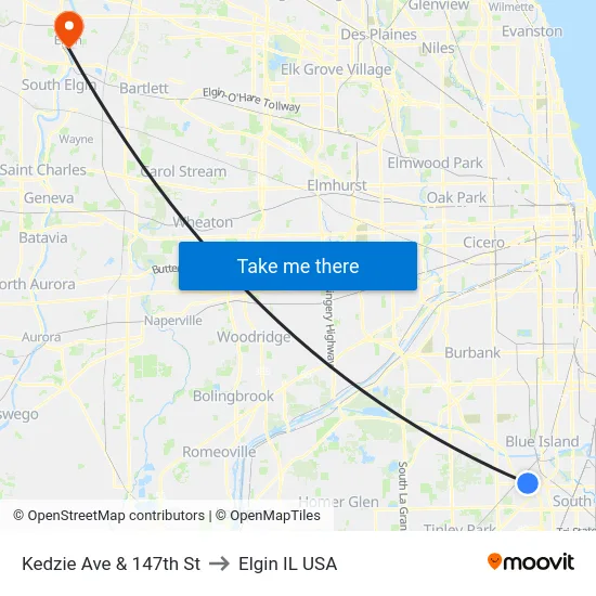 Kedzie Ave & 147th St to Elgin IL USA map