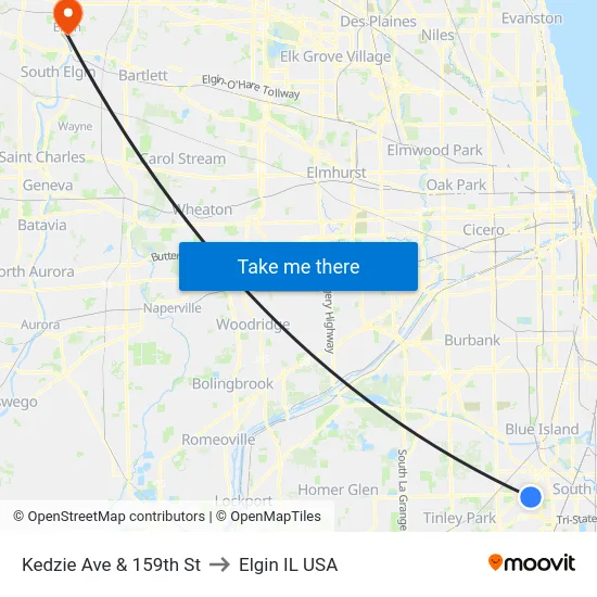 Kedzie Ave & 159th St to Elgin IL USA map