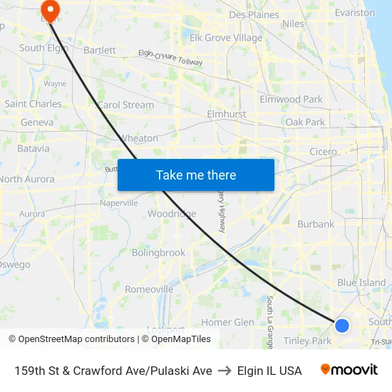 159th St & Crawford Ave/Pulaski Ave to Elgin IL USA map