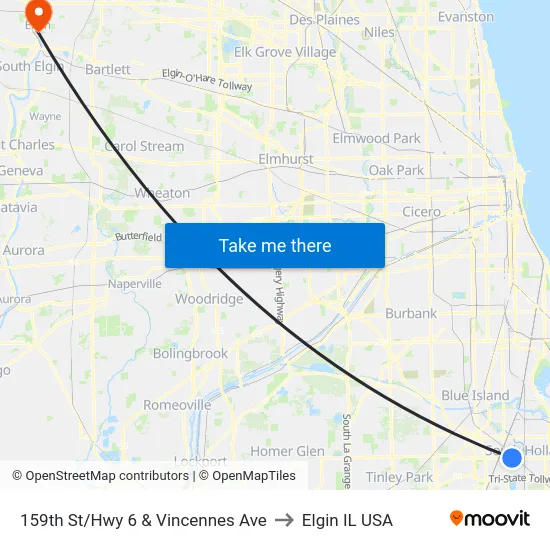 159th St/Hwy 6 & Vincennes Ave to Elgin IL USA map
