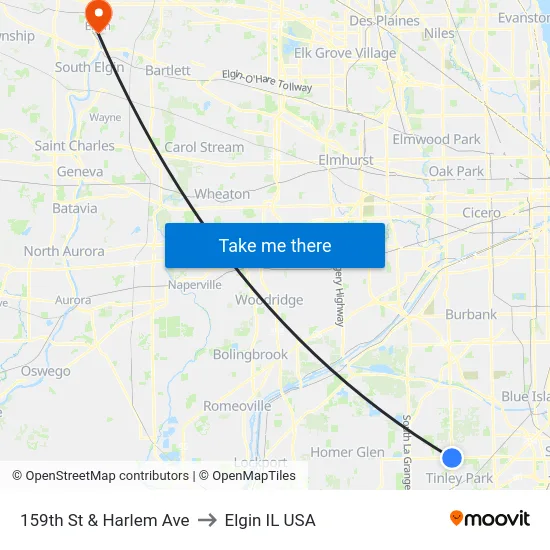 159th St & Harlem Ave to Elgin IL USA map