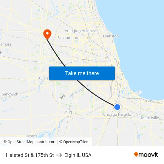 Halsted St & 175th St to Elgin IL USA map