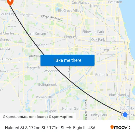 Halsted St & 172nd St / 171st St to Elgin IL USA map