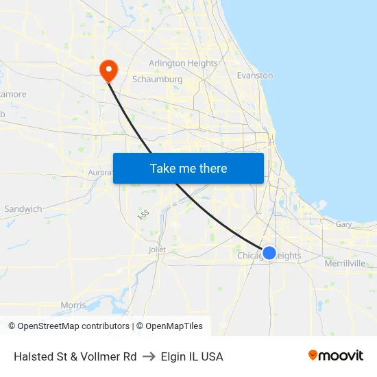 Halsted St & Vollmer Rd to Elgin IL USA map