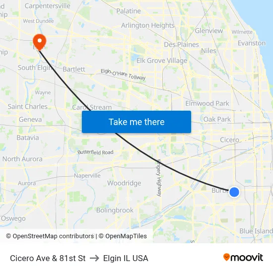 Cicero Ave & 81st St to Elgin IL USA map