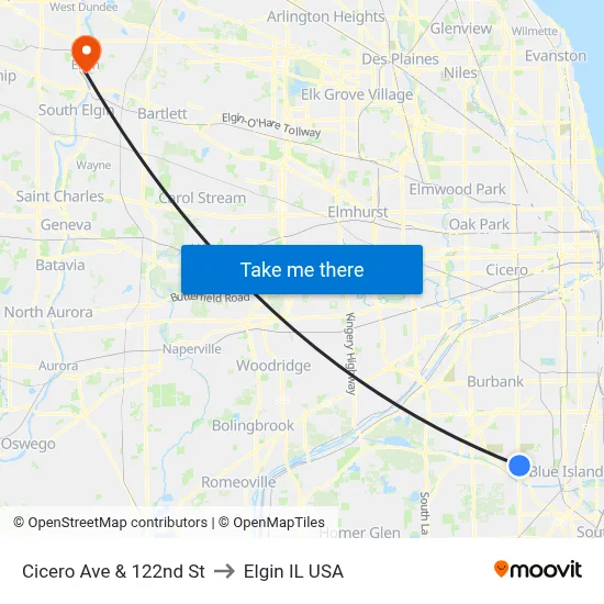 Cicero Ave & 122nd St to Elgin IL USA map