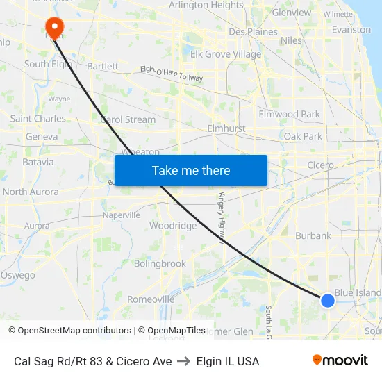 Cal Sag Rd/Rt 83 & Cicero Ave to Elgin IL USA map