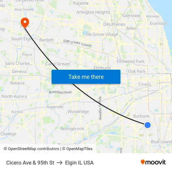 Cicero Ave & 95th St to Elgin IL USA map