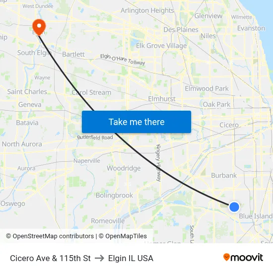 Cicero Ave & 115th St to Elgin IL USA map