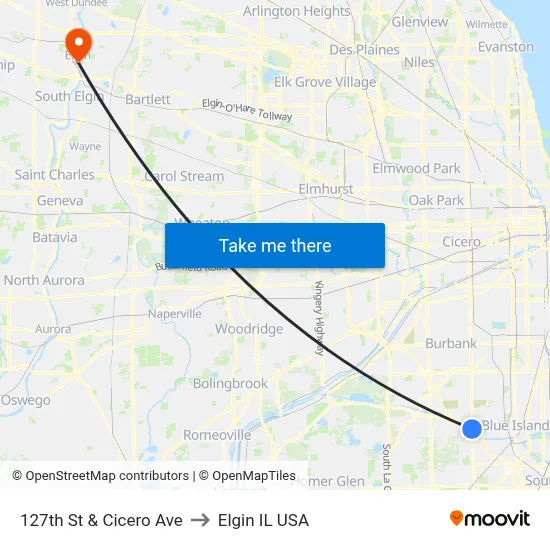 127th St & Cicero Ave to Elgin IL USA map
