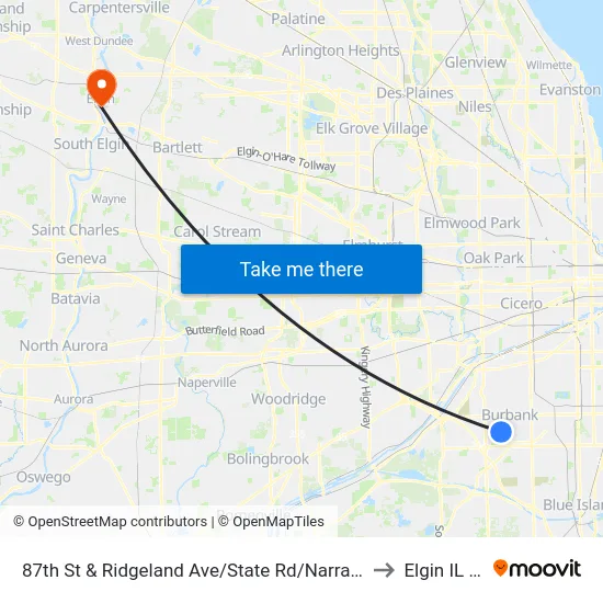 87th St & Ridgeland Ave/State Rd/Narragansett Ave to Elgin IL USA map