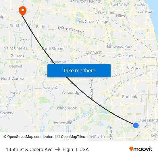 135th St & Cicero Ave to Elgin IL USA map