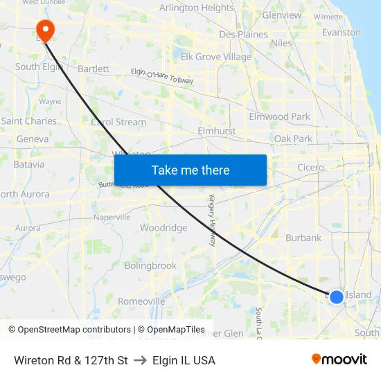 Wireton Rd & 127th St to Elgin IL USA map