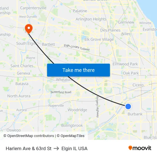 Harlem Ave & 63rd St to Elgin IL USA map