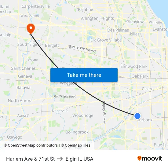 Harlem Ave & 71st St to Elgin IL USA map