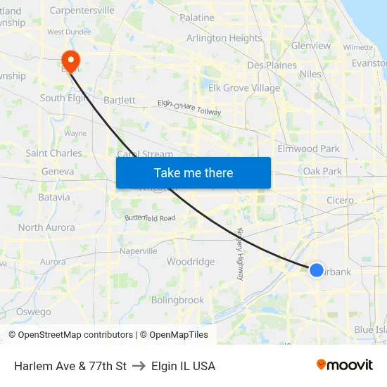 Harlem Ave & 77th St to Elgin IL USA map