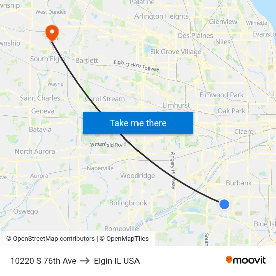 10220 S 76th Ave to Elgin IL USA map