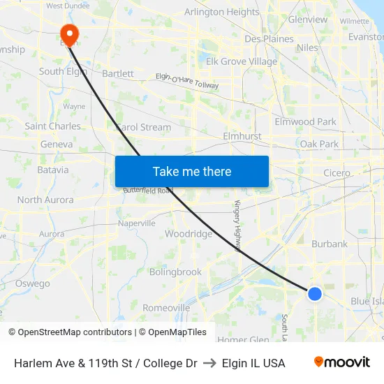 Harlem Ave & 119th St / College Dr to Elgin IL USA map