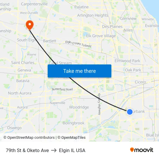 79th St & Oketo Ave to Elgin IL USA map