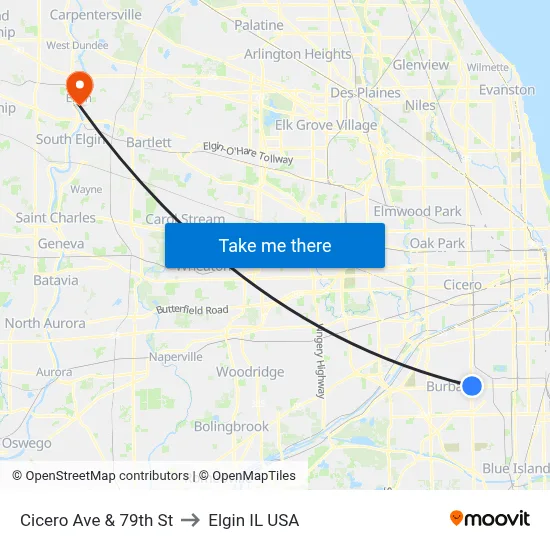 Cicero Ave & 79th St to Elgin IL USA map