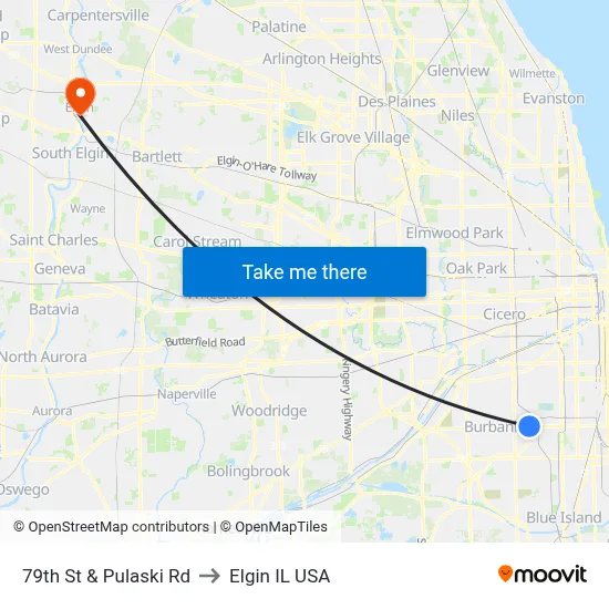 79th St & Pulaski Rd to Elgin IL USA map