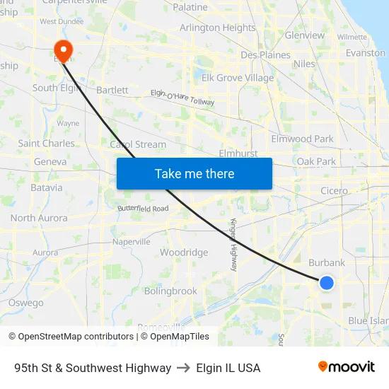 95th St & Southwest Highway to Elgin IL USA map