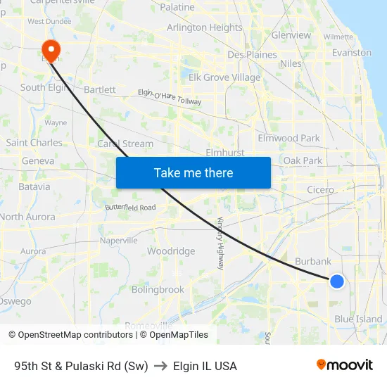 95th St & Pulaski Rd (Sw) to Elgin IL USA map