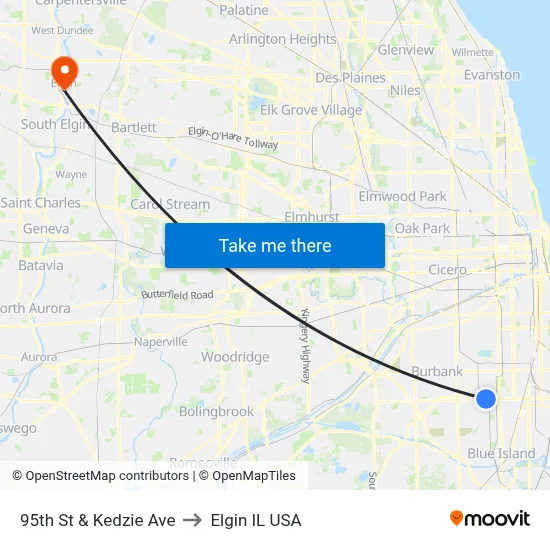 95th St & Kedzie Ave to Elgin IL USA map