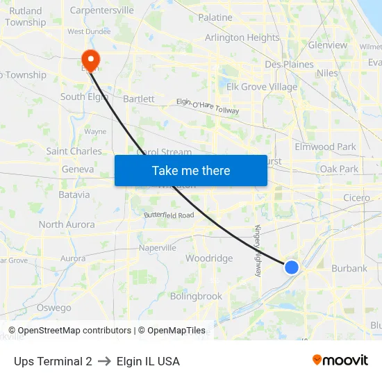 Ups Terminal 2 to Elgin IL USA map