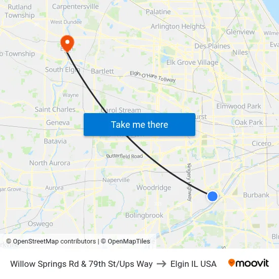 Willow Springs Rd & 79th St/Ups Way to Elgin IL USA map