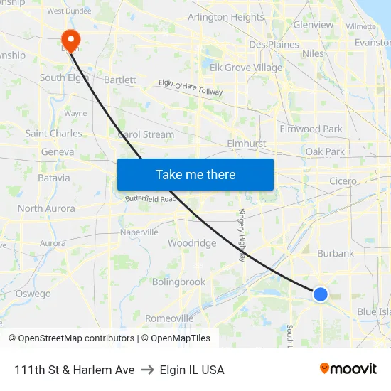 111th St & Harlem Ave to Elgin IL USA map