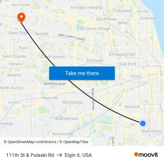 111th St & Pulaski Rd to Elgin IL USA map