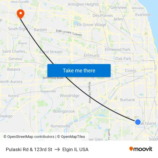 Pulaski Rd & 123rd St to Elgin IL USA map