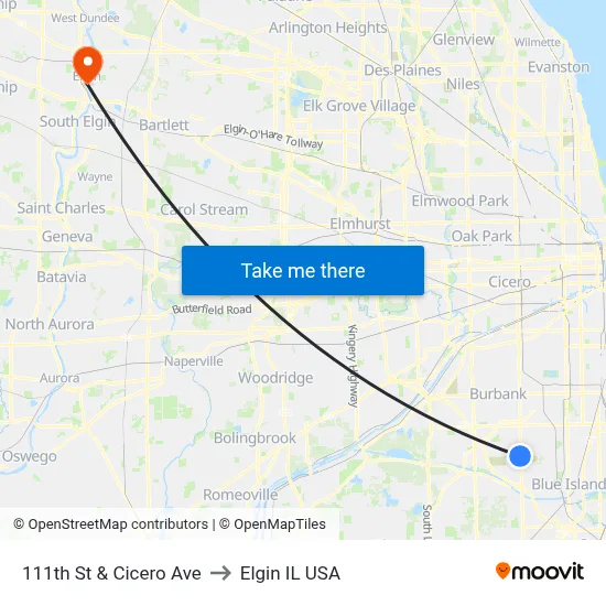 111th St & Cicero Ave to Elgin IL USA map