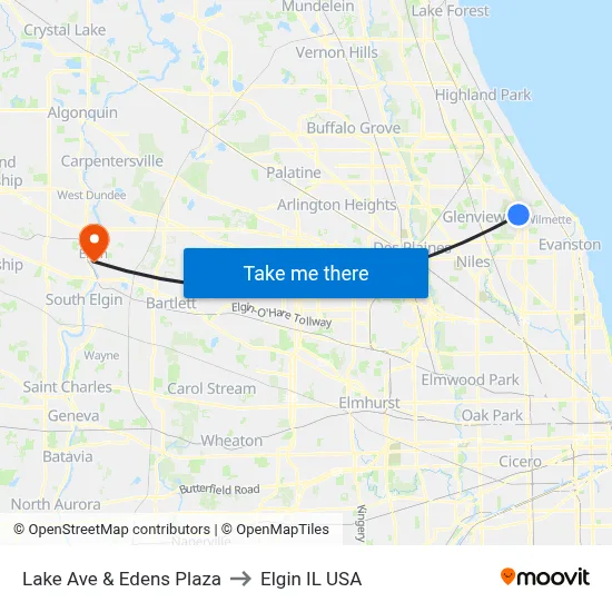 Lake Ave & Edens Plaza to Elgin IL USA map