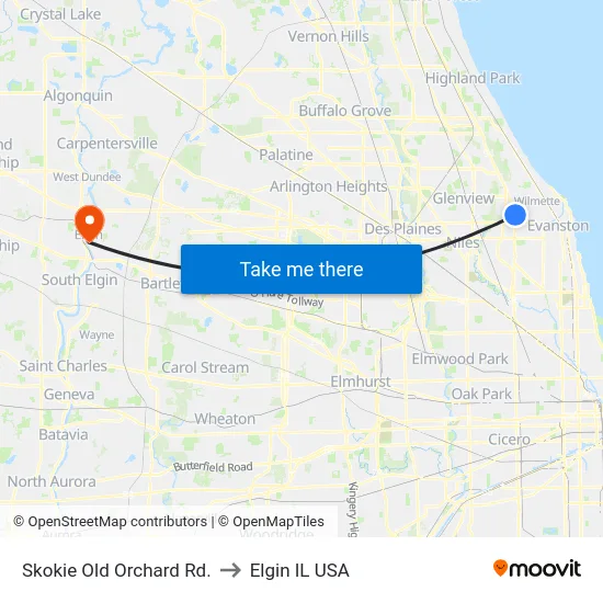 Skokie Old Orchard Rd. to Elgin IL USA map