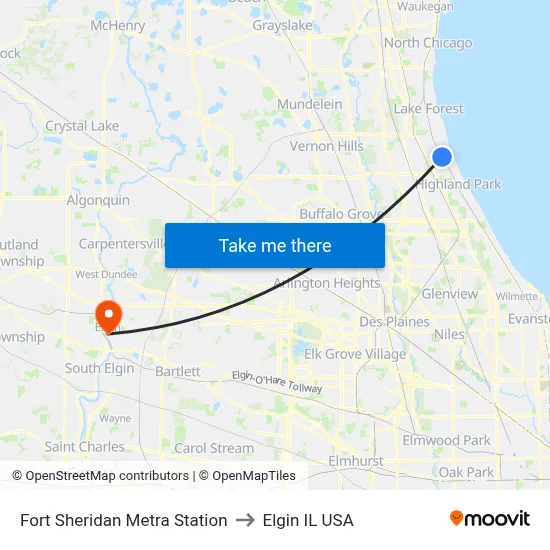 Fort Sheridan Metra Station to Elgin IL USA map