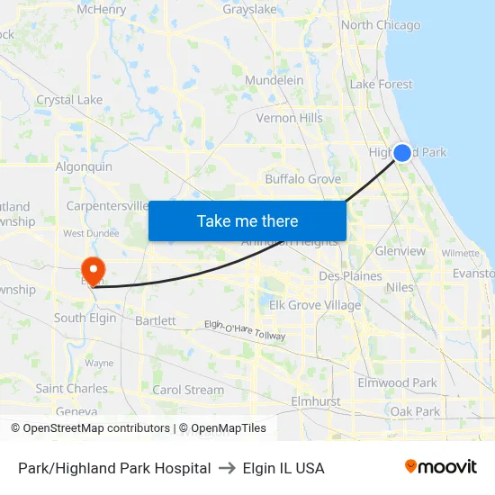 Park/Highland Park Hospital to Elgin IL USA map