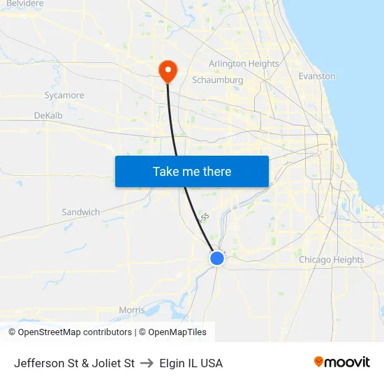 Jefferson St & Joliet St to Elgin IL USA map