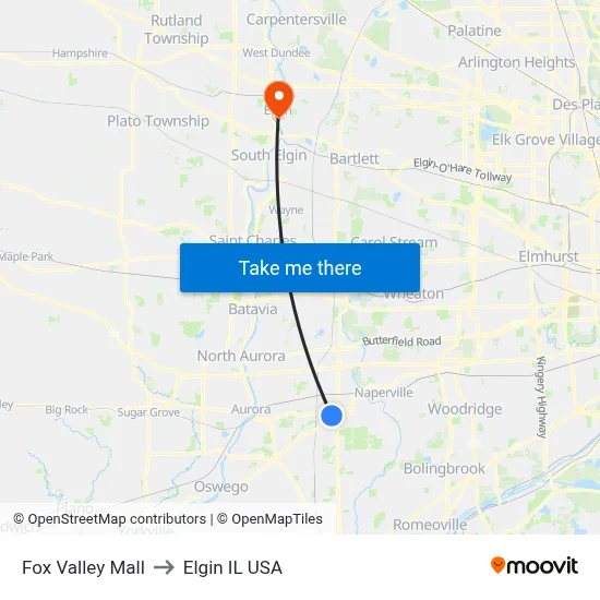 Fox Valley Mall to Elgin IL USA map