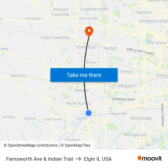 Farnsworth Ave & Indian Trail to Elgin IL USA map