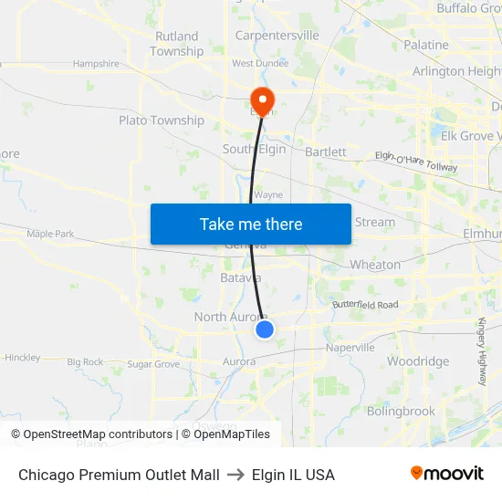 Chicago Premium Outlet Mall to Elgin IL USA map