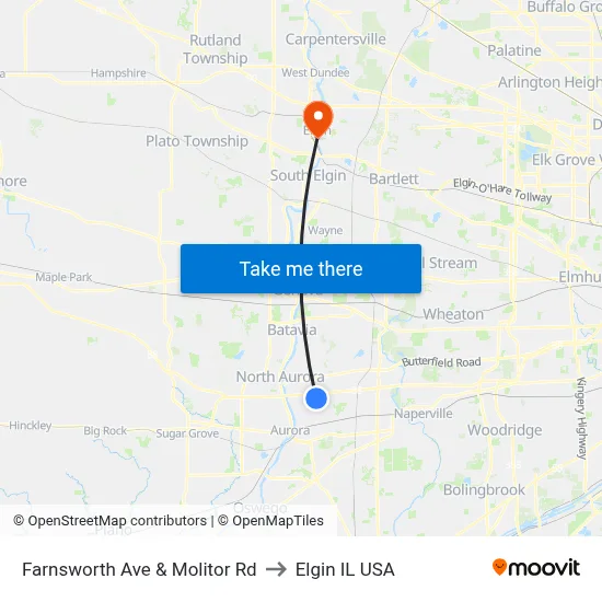 Farnsworth Ave & Molitor Rd to Elgin IL USA map