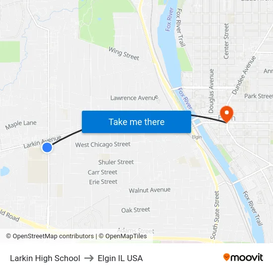 Larkin High School to Elgin IL USA map