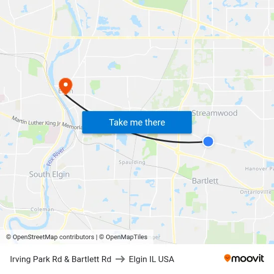 Irving Park Rd & Bartlett Rd to Elgin IL USA map