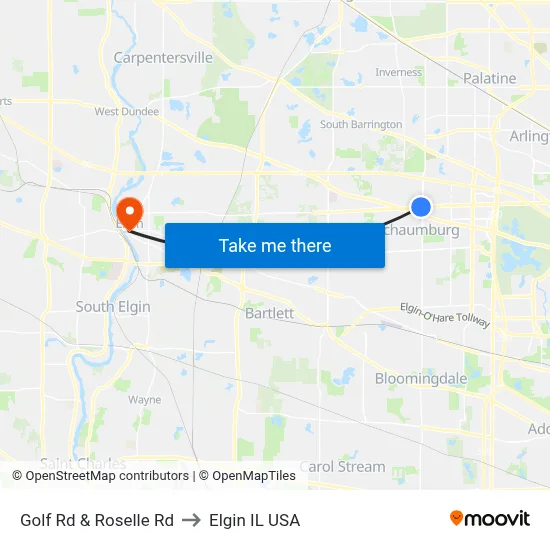 Golf Rd & Roselle Rd to Elgin IL USA map