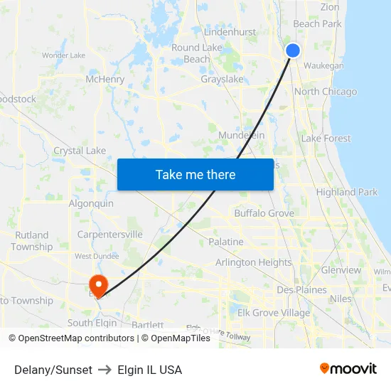 Delany/Sunset to Elgin IL USA map