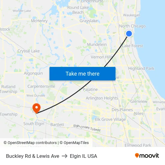 Buckley Rd & Lewis Ave to Elgin IL USA map